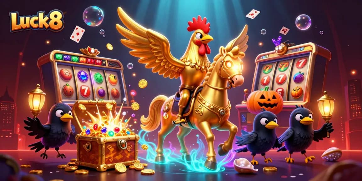 Experience thrilling gameplay at Luck8, featuring a vibrant 3D casino scene with slot elements.