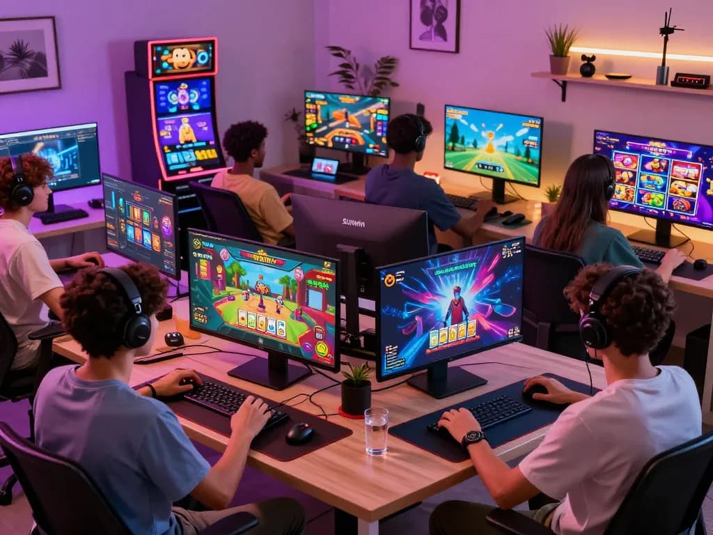 Players engaging in Sunwin online gaming, surrounded by vibrant graphics and a lively atmosphere.