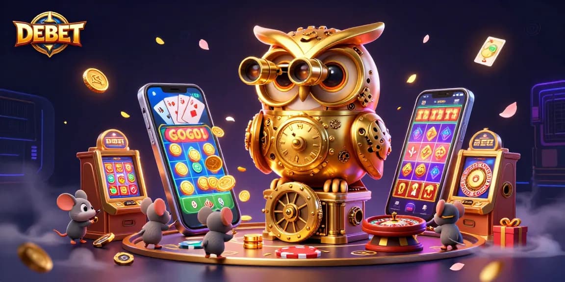 Experience lively gameplay at DEBET with a vibrant scene of cartoon characters in a bustling casino.