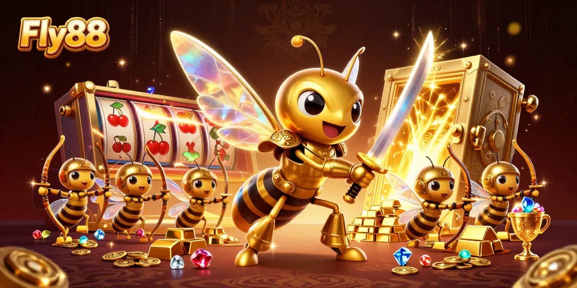 Fly88 showcases a carnival of winnings with vibrant characters and dynamic slot elements in a dazzling illustration.