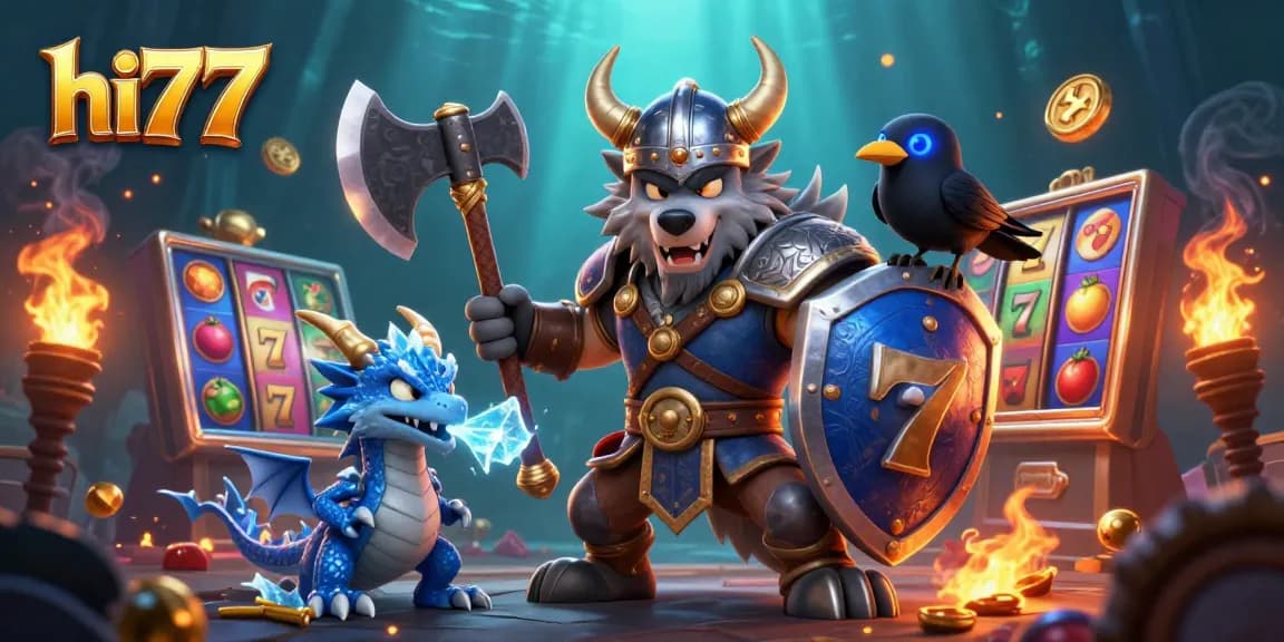 Experience thrilling jackpots with hi77's exciting slots in this 3D animated casino scene.