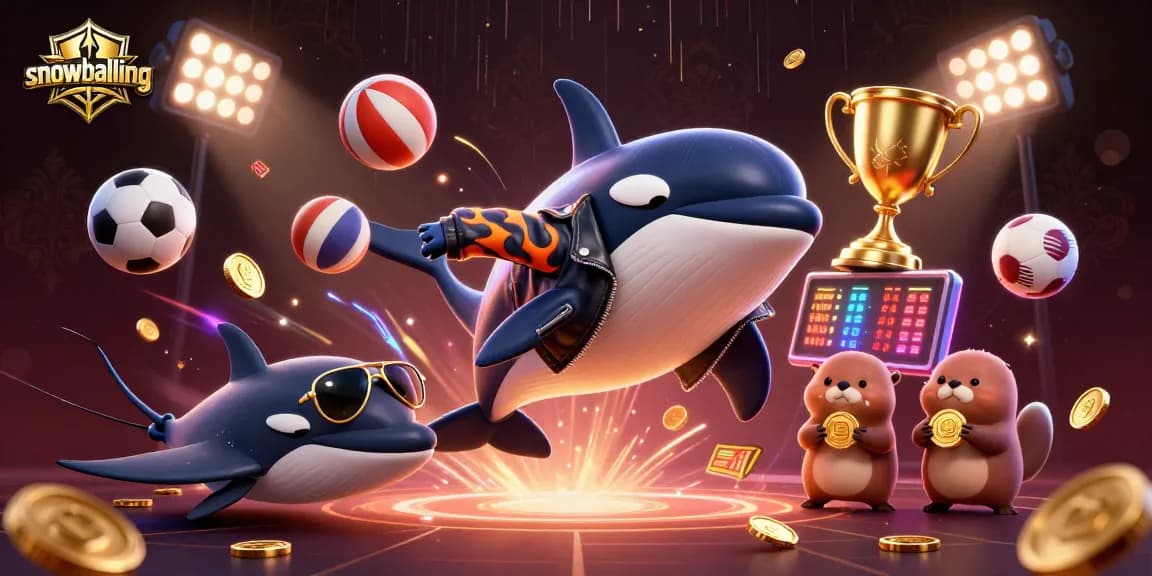 Snowballing action dazzles with 3D cartoon characters amidst dynamic sports elements and vibrant casino imagery.