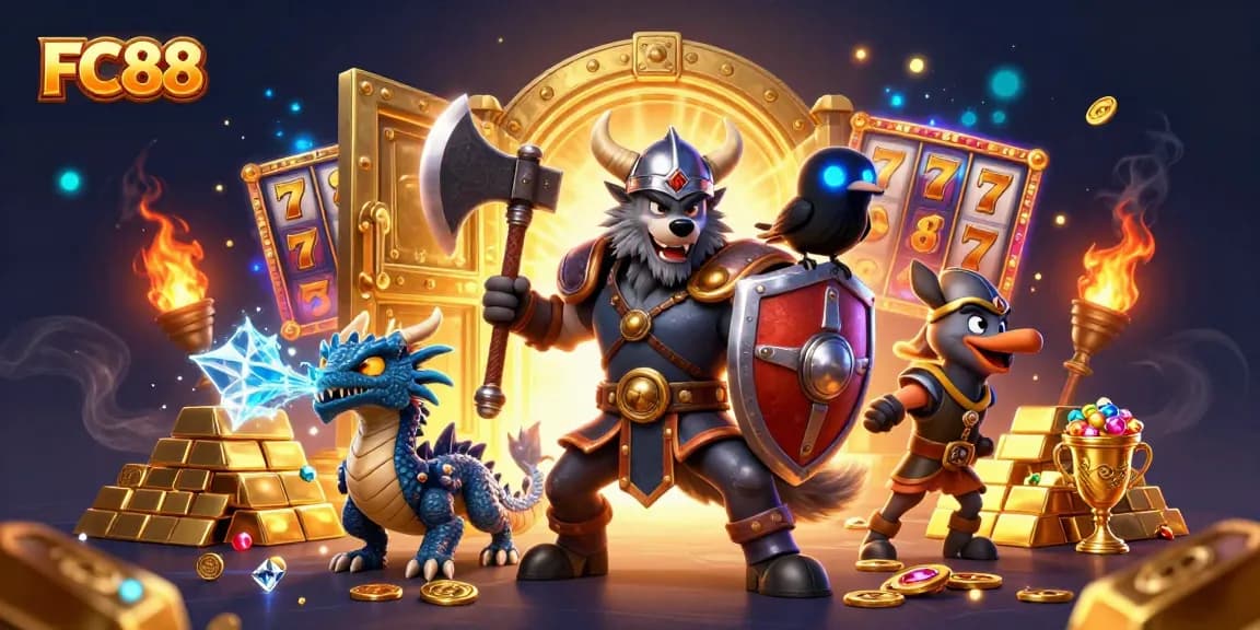 Win big with FC88's casino adventure featuring Viking warrior, fiery dragon, and enchanting treasures!