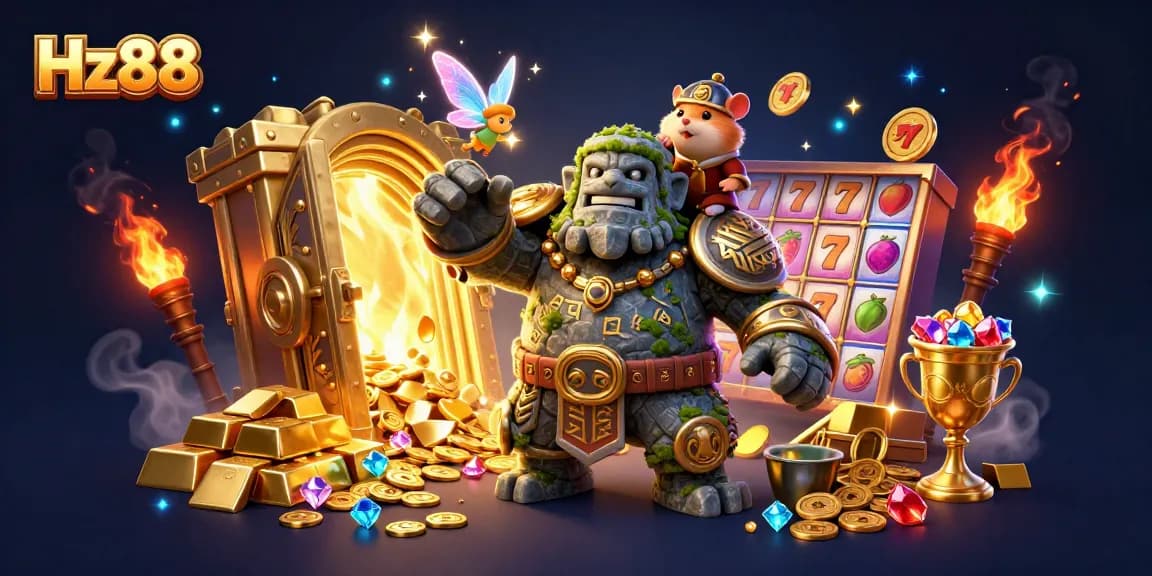 Experience thrilling gameplay with Hz88's vibrant 3D illustration of a golem and knight amidst slot reels and treasures.