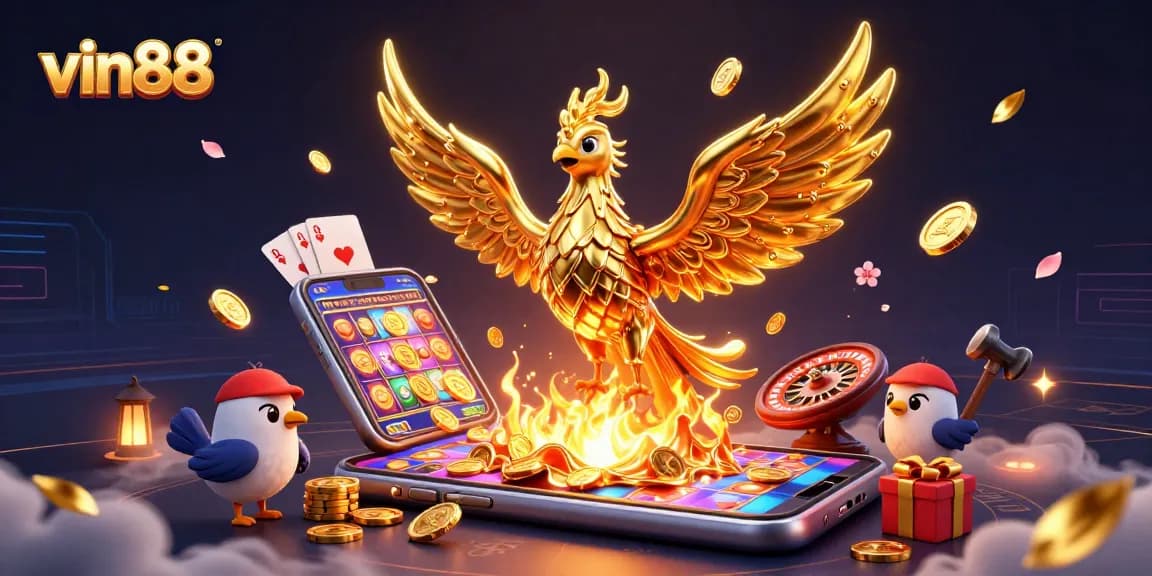 Experience the excitement of vin88 with a dynamic illustration of a golden phoenix and casino elements.