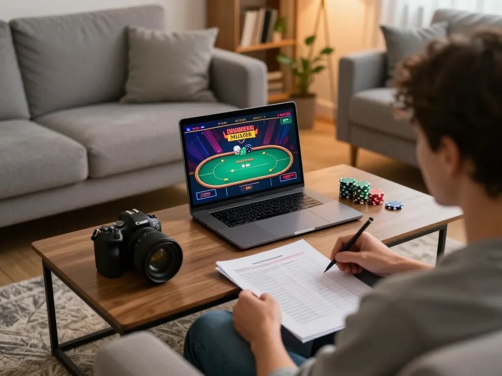 Engaging in online poker at home with n188, showcasing laptop interface and bankroll notes