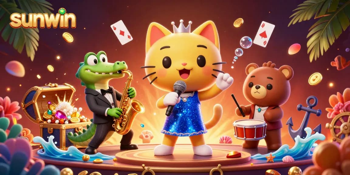 Engage with sunwin's vibrant 3D casino scene featuring cartoon characters and dynamic gaming elements.