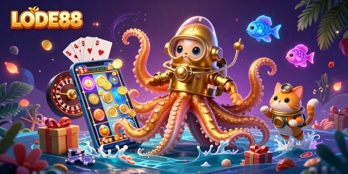 Unleash your luck with LODE88's vibrant gaming scene featuring a colossal kraken and diving cat!