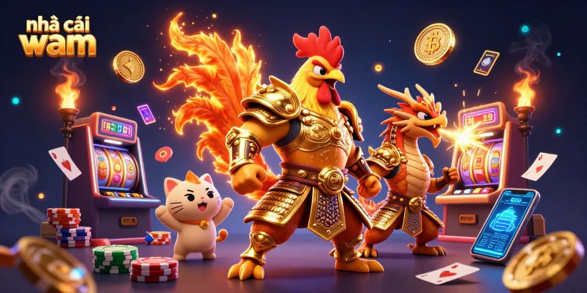 Experience the excitement at nhà cái vmax with this dynamic 3D casino illustration featuring a fighting rooster and dragon.
