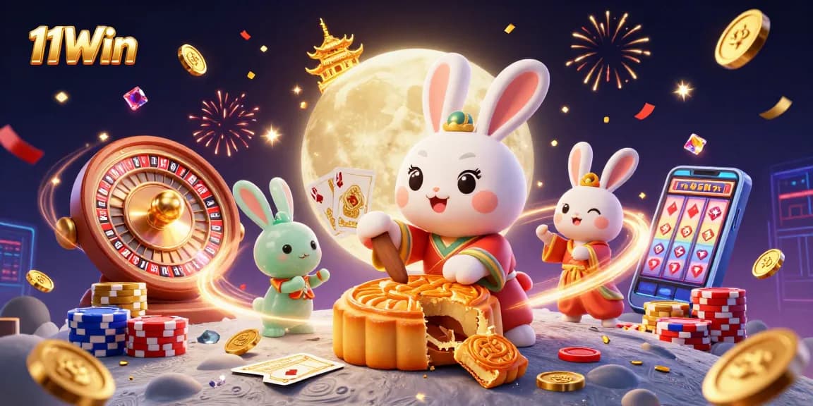 Win big at 11Win with the moon rabbit as it reveals treasures and golden chips in a dynamic casino scene.