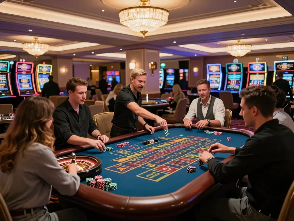 Players at 789win excitedly engaging at a roulette table in a luxurious casino setting.