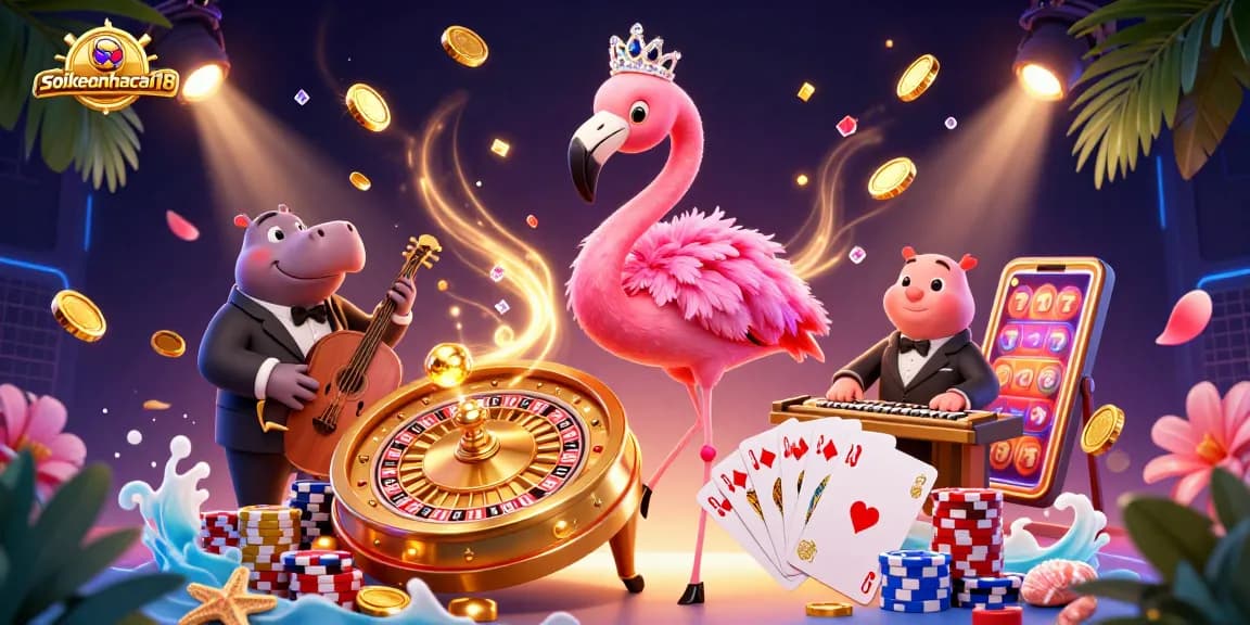 Engage with soikeonhacai18 through vibrant casino action featuring a flamingo singer and hippo bassist.