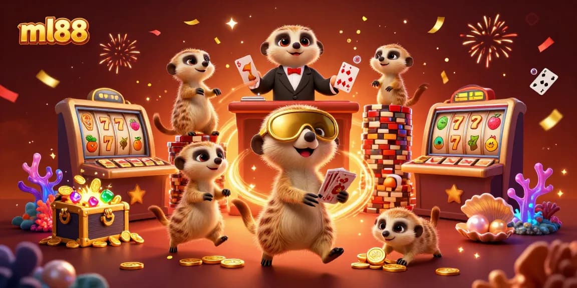 Experience the vibrant excitement of ml88 with meerkats running a bustling casino surrounded by treasure and confetti.