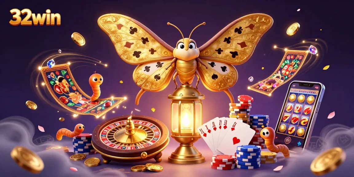 Experience the excitement at 32win with a vibrant illustration of casino scenes and joyful elements