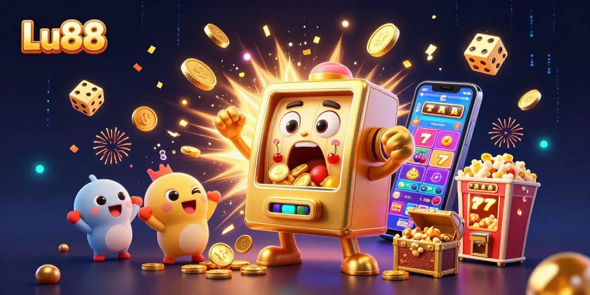 Experience jackpot excitement with Lu88's animated slot machine bursting with coins and colorful casino elements.