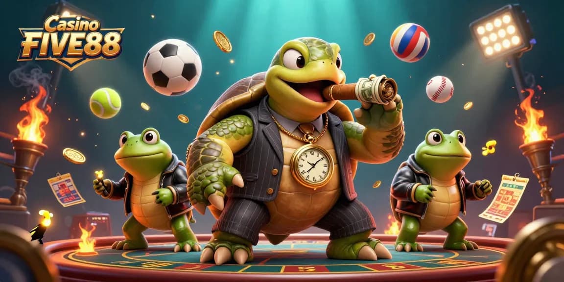 Engage in excitement at Casino FIVE88 with dynamic gambling elements and showcased characters.