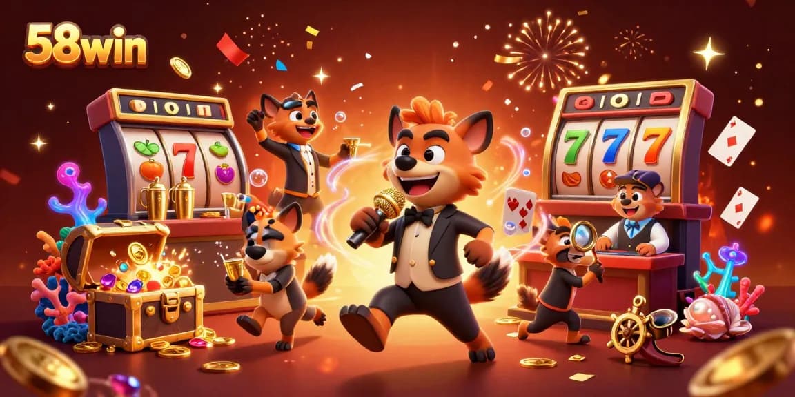 Hyenas host a vibrant comedy casino, showcasing slots and lively gaming vibes at 58win.