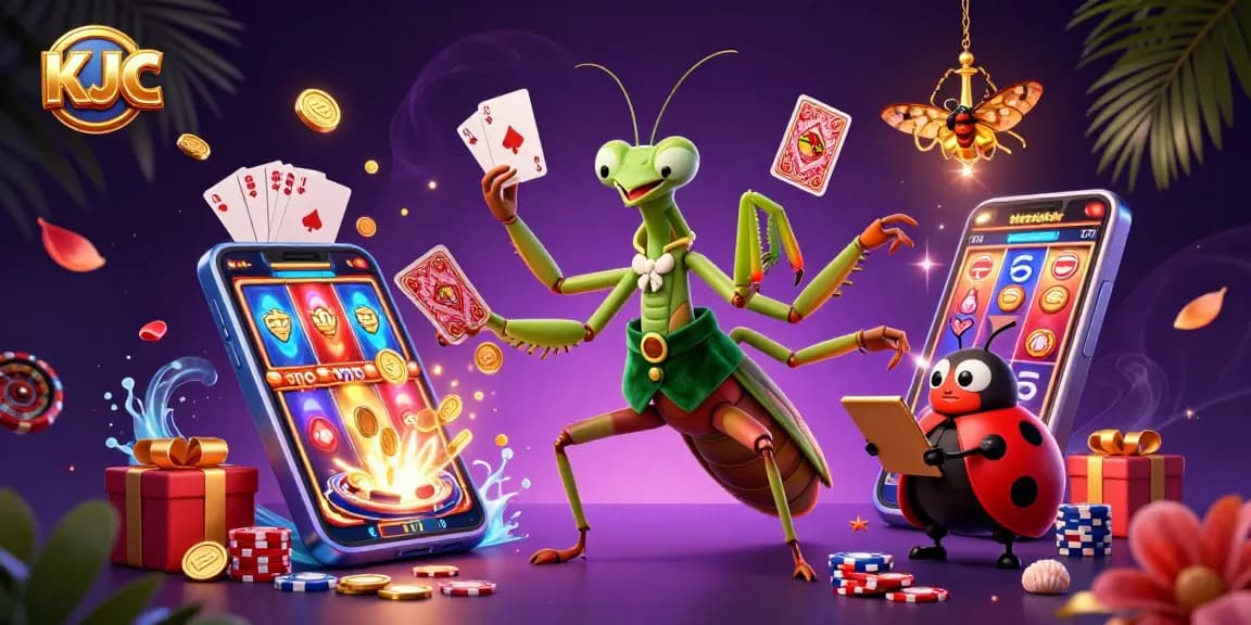 Engage in thrilling gaming with KJC, featuring a mantis card sharp and ladybug pit boss in a vibrant casino.