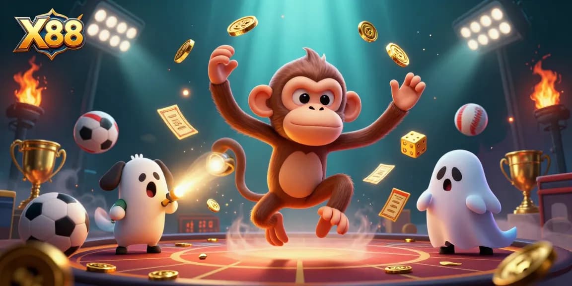 Experience exciting wins at X88 with a poltergeist monkey juggler in a haunted casino.