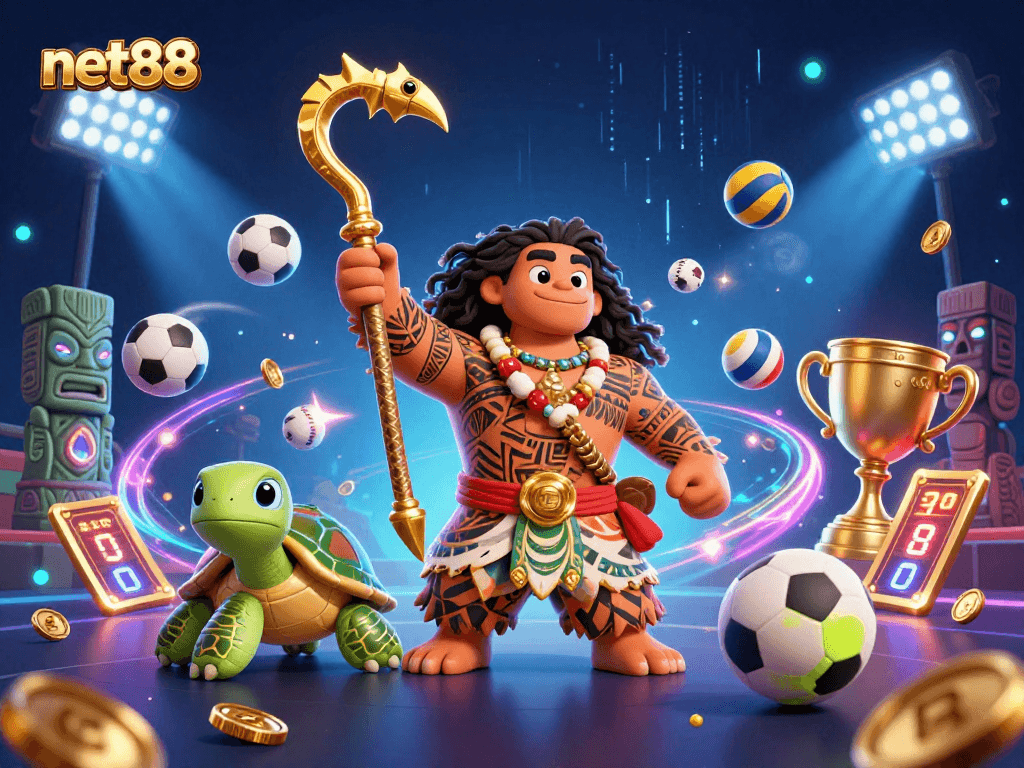net88 showcases a vibrant 3D casino scene with exciting sports betting elements and dynamic characters.