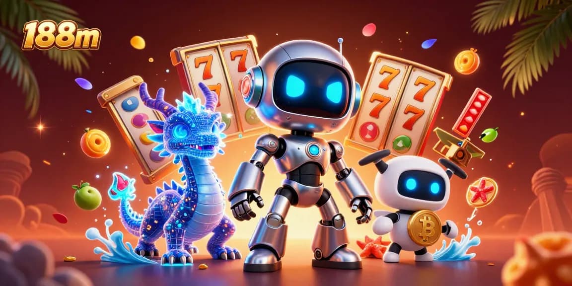 Experience thrilling wins at 188m with jackpot symbols and colorful slot elements in a vibrant casino scene.