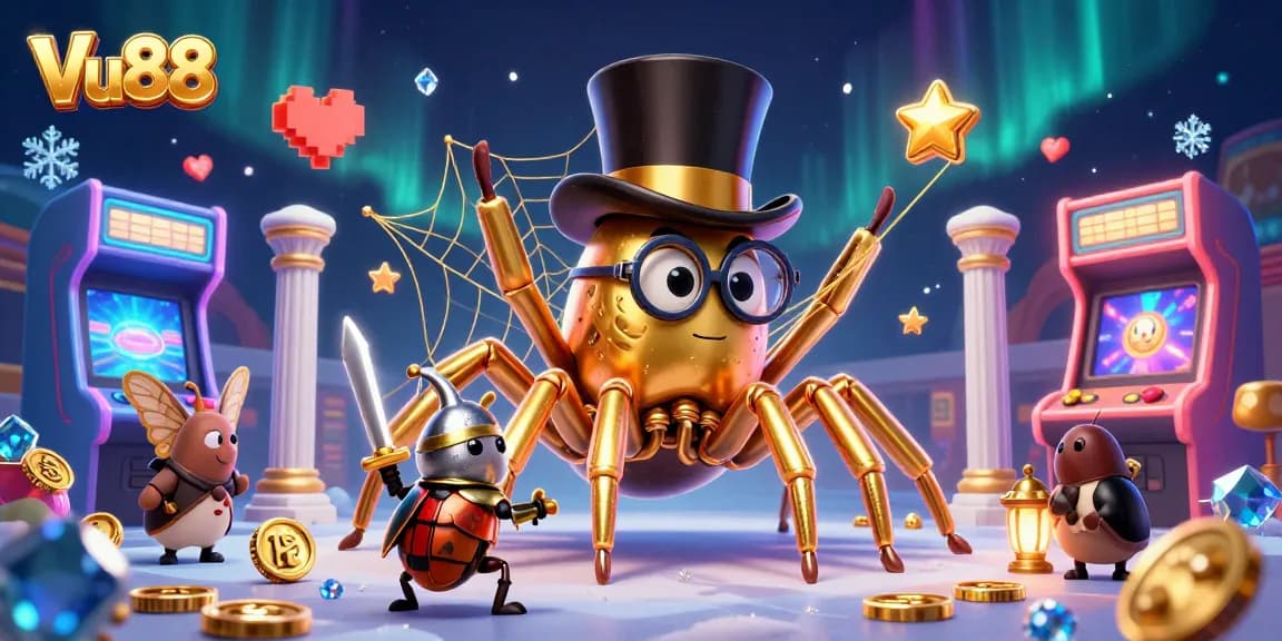 Experience the vibrant gaming world of Vu88, with a dynamic 3D scene showcasing captivating casino elements.