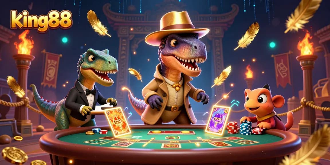 Engage in thrilling action at king88 with a velociraptor card counter at the blackjack table, surrounded by casino elements.