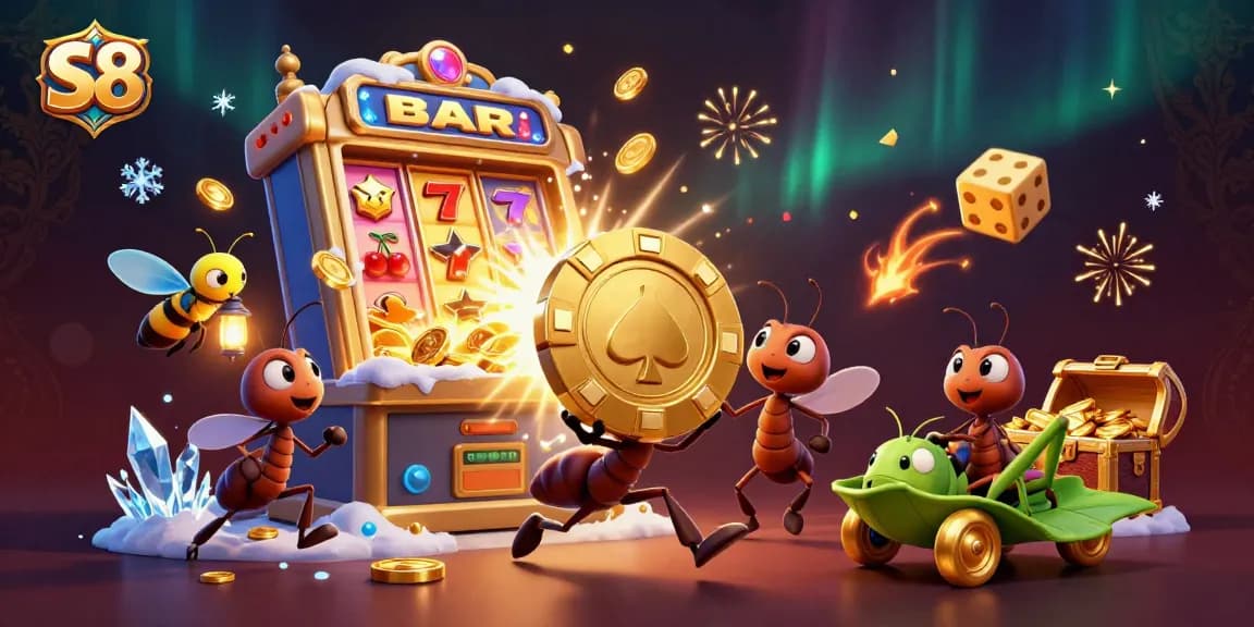 Experience thrilling S8 adventures with ants and a grasshopper in this vibrant casino heist scene.