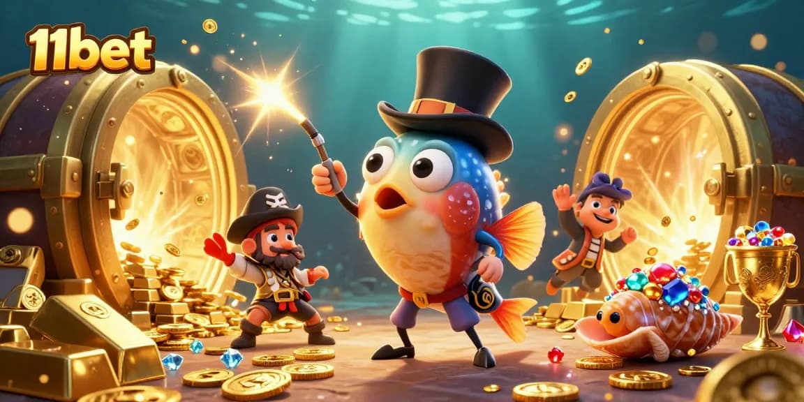 Experience thrilling wins with 11bet as the deep-sea anglerfish attracts treasures in this vibrant illustration.