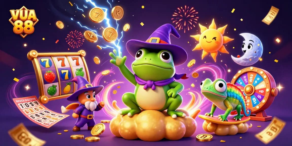 Experience the excitement of VUA 88 with vibrant slot reels and magical characters celebrating wins.