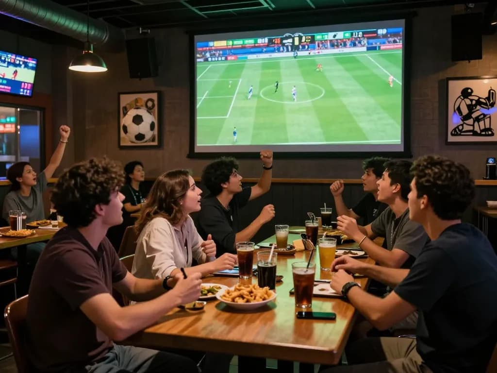 Fans passionately cheering while watching trực tiếp đá bóng at a lively sports bar, creating an engaging betting ambiance.