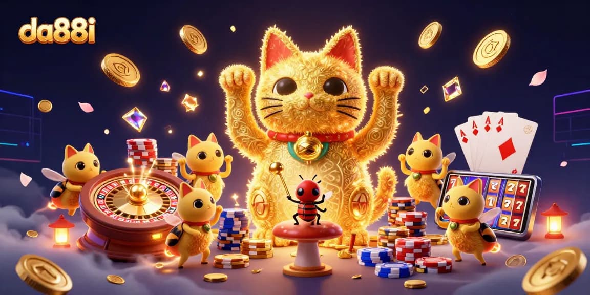 Catch exciting gameplay with da88i's vibrant casino illustration featuring lucky symbols and dynamic elements.