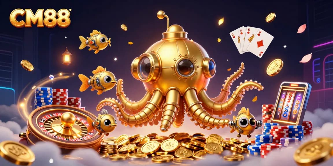 Engage with CM88's vibrant casino scene featuring a golden kraken submarine among dazzling game elements.