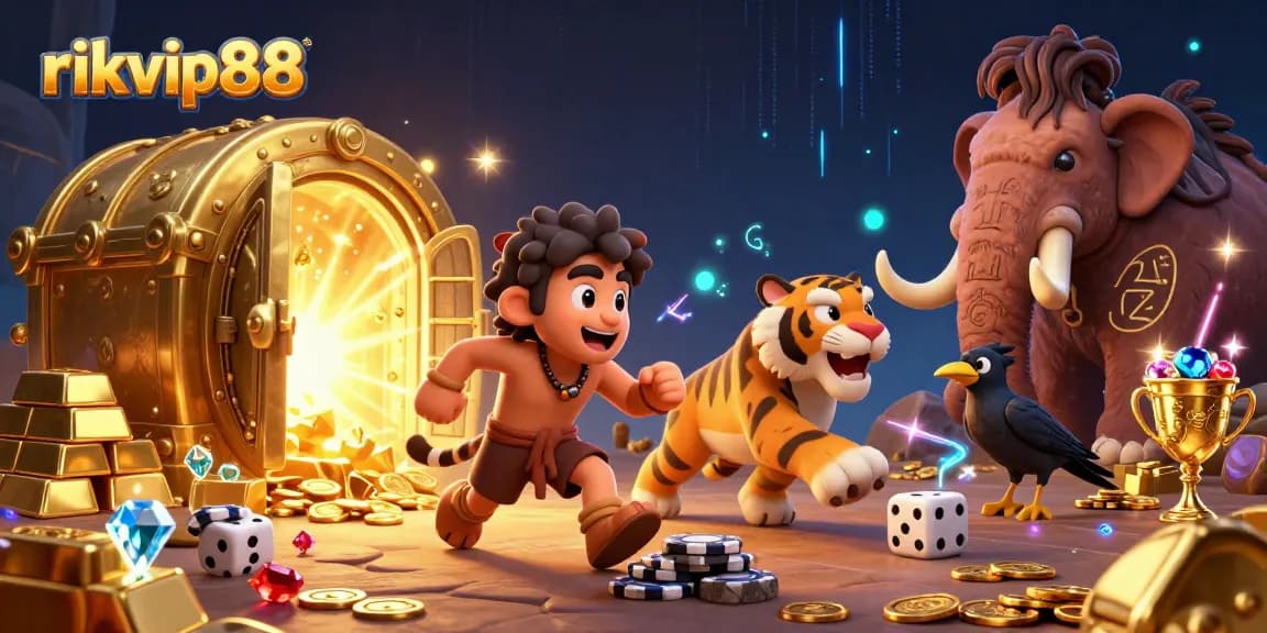 Experience the thrill at rikvip88 with a dynamic scene showcasing prehistoric casino fun with vibrant characters.