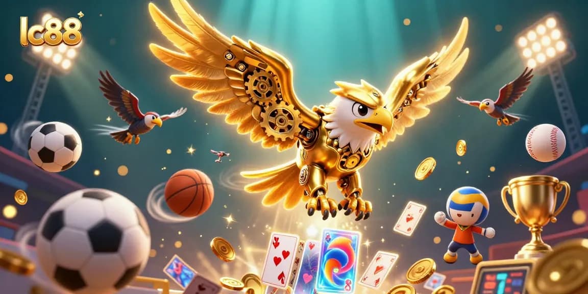 lc88 offers an exciting gaming experience with a golden eagle diving through holographic cards in a dynamic casino scene.