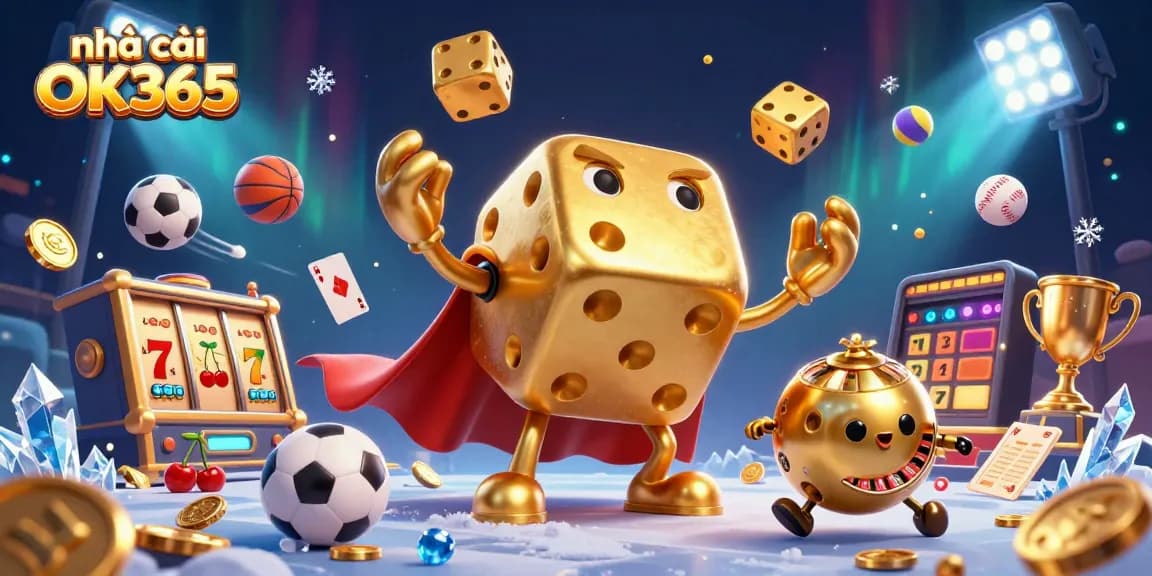 Play and win at nhà cái OK365 with vibrant characters and exciting casino elements in a dynamic illustration.