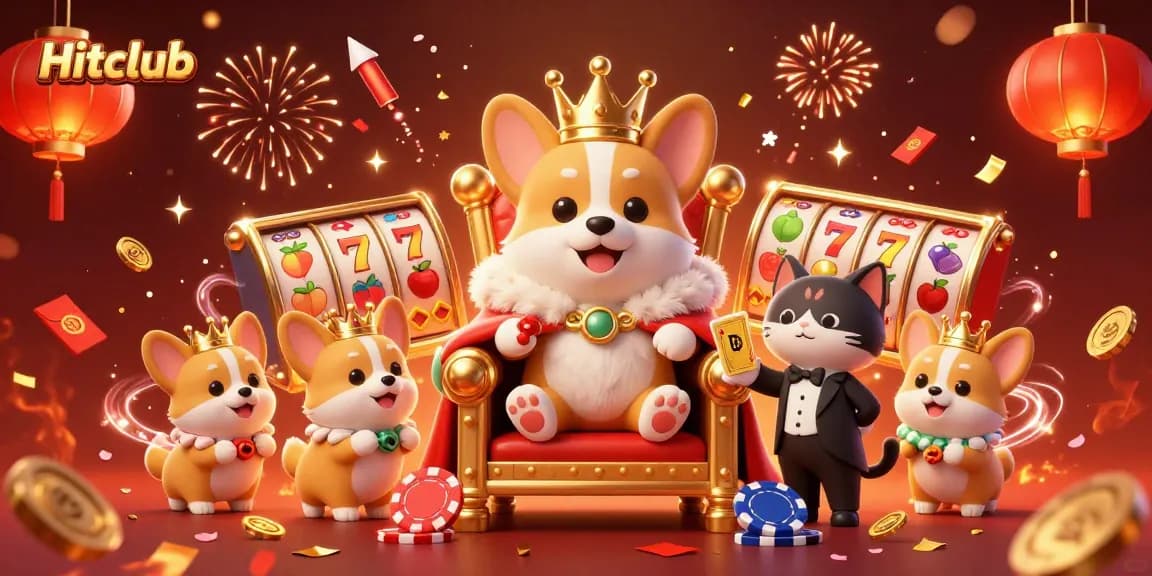Hitclub captures luck with festive casino royalty amidst vibrant jackpot symbols.