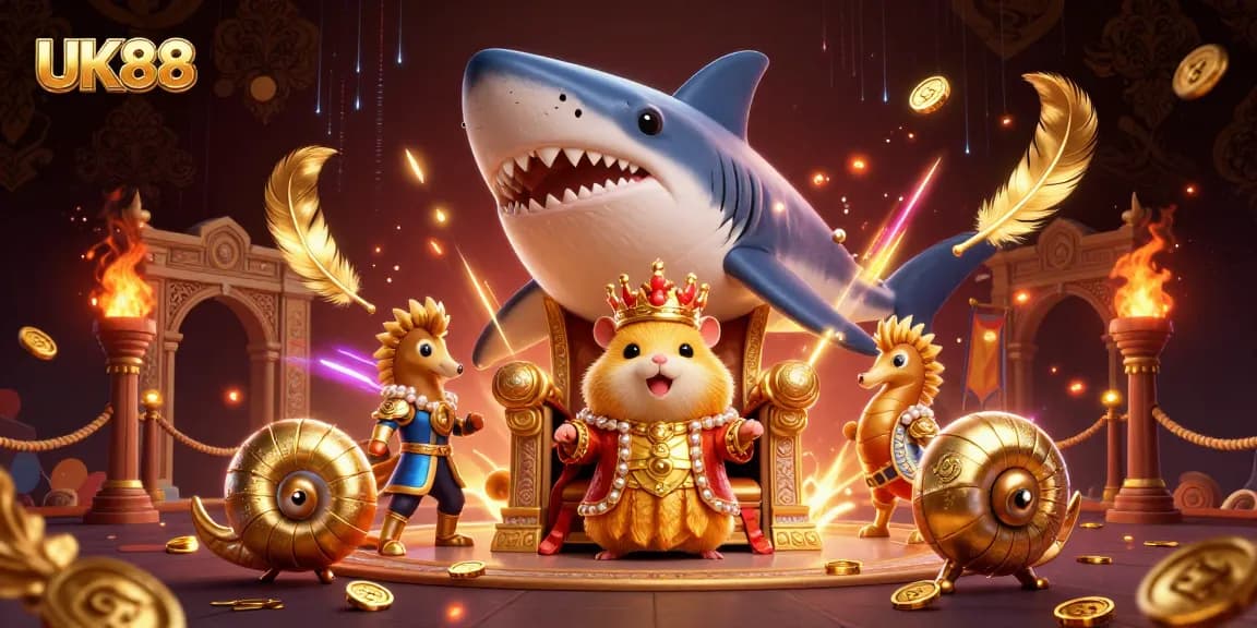 Engage in unique UK88 gaming experiences with a fierce golden hamster king and seahorse guards amidst lavish casino elements.