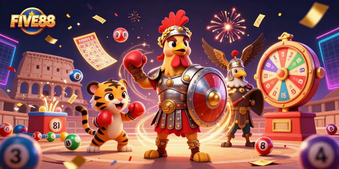 Spread excitement with the FIVE88 casino scene featuring thrilling lottery and game action.