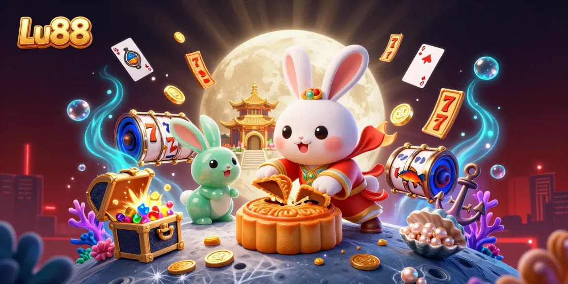 Engage with Lu88 as the moon rabbit reveals poker chips in a vibrant casino-themed fantasy.