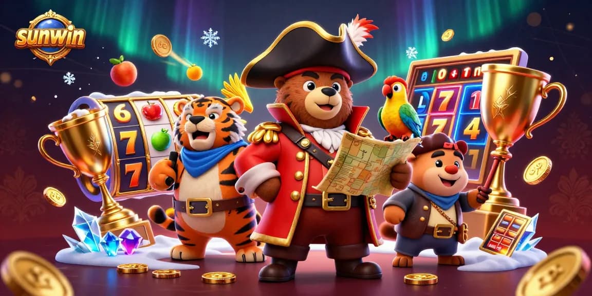 Join the sunwin adventure with a pirate captain bear, a fierce tiger, and a golden parrot in an action-packed casino scene.
