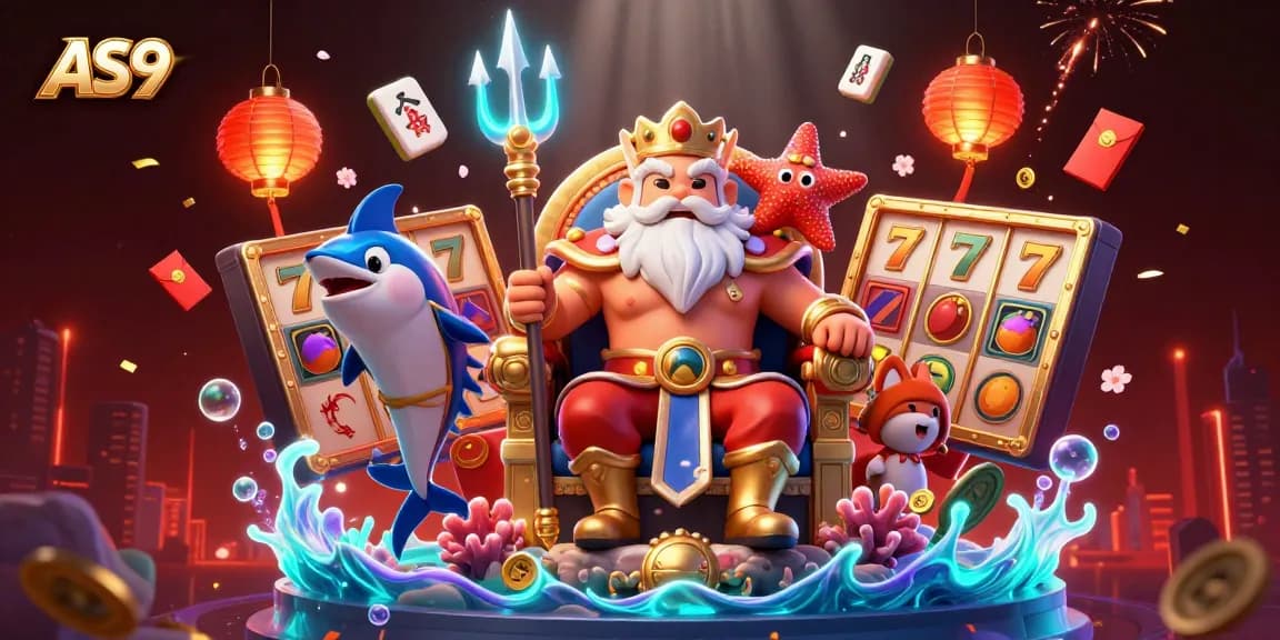 Spin reels and win at AS9 Casino, featuring Neptune and vibrant gaming symbols