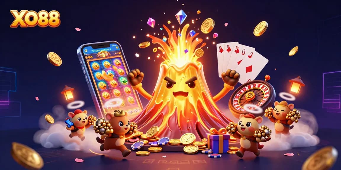Experience thrilling gameplay with XO88 enhancements like golden volcano and vibrant slot elements.
