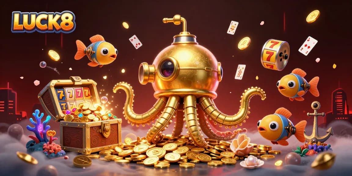 LUCK8 reveals a golden kraken submarine surrounded by profitable slot jackpots and treasure