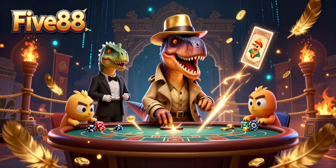Five88 features an exciting scene with a velociraptor card counter and a stegosaurus pit boss at a blackjack table.