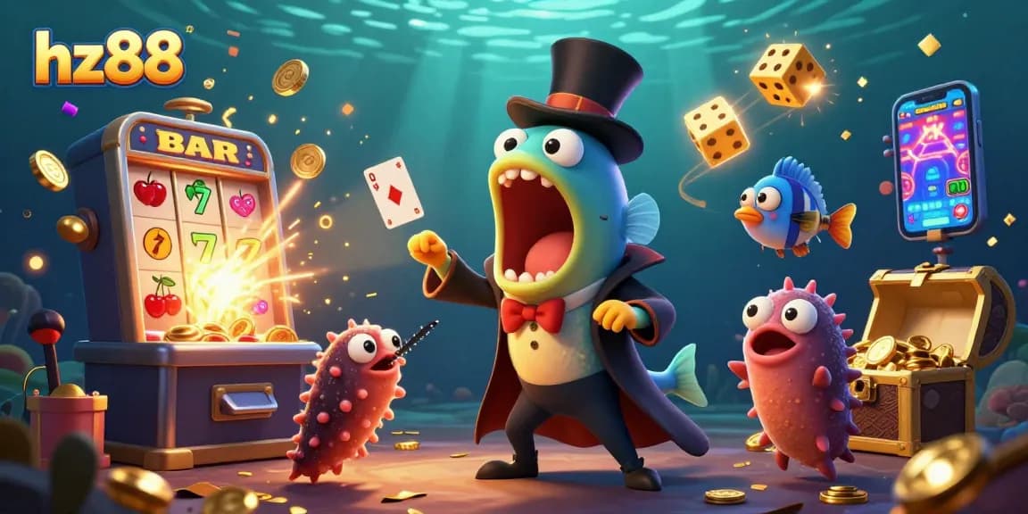 Engage in thrilling gameplay at hz88 as a deep-sea gulper eel performs card tricks amidst casino excitement.