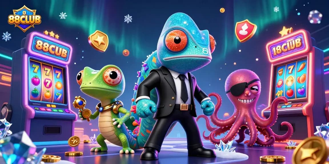 Experience excitement at 88CLUB with this vibrant 3D casino illustration showcasing dynamic slot machines.