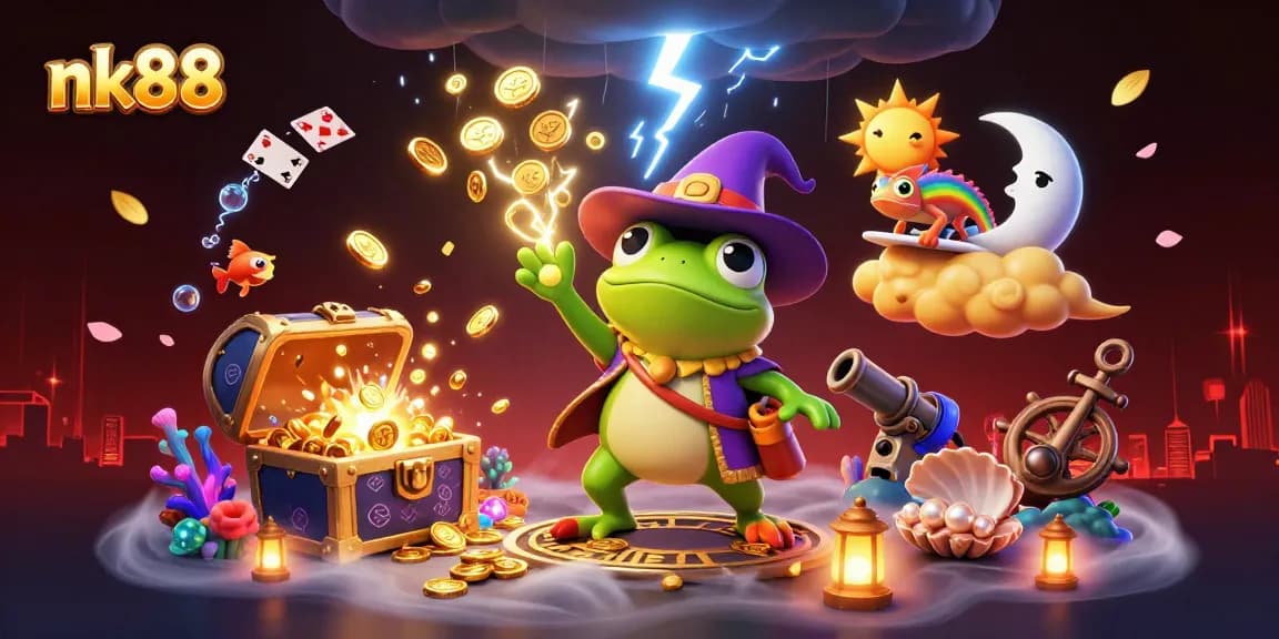 Experience thrilling moments with nk88 as our wizard frog conjures golden storms amidst a vibrant casino scene.