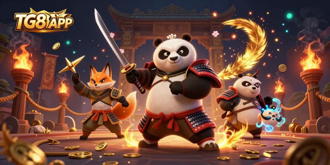Experience excitement with TG88 APP in this vibrant 3D casino scene with samurai panda and ninja fox.