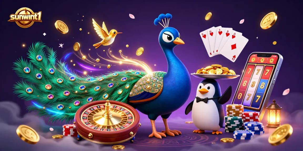 Win big at sunwint1 with a vibrant 3D casino scene showcasing exciting gaming elements.